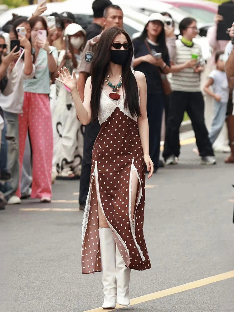 Polka Dot Print Maxi Dress Women Patchwork Lace High Slit v-Neck Sleeveless Street Fashion Party Classic Vestidos