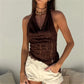 Women's Y2K Lace Halter Top Cowl Neck Sleeveless Asymmetric Hem See-Through Mesh Slim Fit Club Party Cami Tank Top
