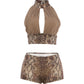 Snake Pattern Print 2 Piece Set Woman Halter Backless Crop Tops+Skinny Peach Hip Shorts Hot Girls Sexy Fashion Suits