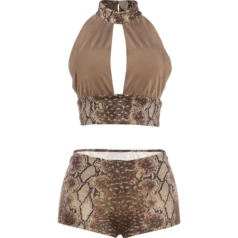 Snake Pattern Print 2 Piece Set Woman Halter Backless Crop Tops+Skinny Peach Hip Shorts Hot Girls Sexy Fashion Suits