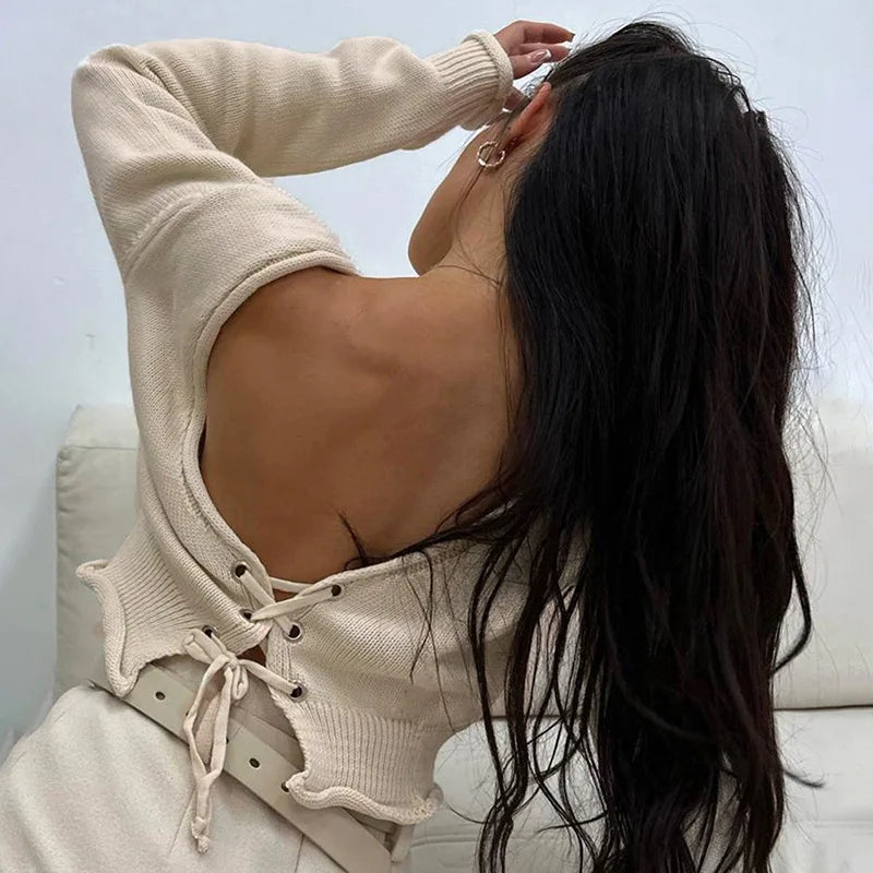 Lace Up Backless Cropped Sweaters for Winter Women Jumpers Comfy Long Sleeve Tops Casual Knitwears Pullovers