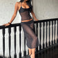 Polka Dot Two Piece Set Women Halter Tank Top And Midi Skirt Matching Sets Female Mesh See Through Club Party Dress Set