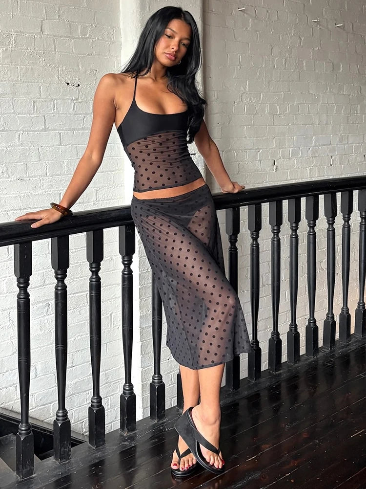 Polka Dot Two Piece Set Women Halter Tank Top And Midi Skirt Matching Sets Female Mesh See Through Club Party Dress Set