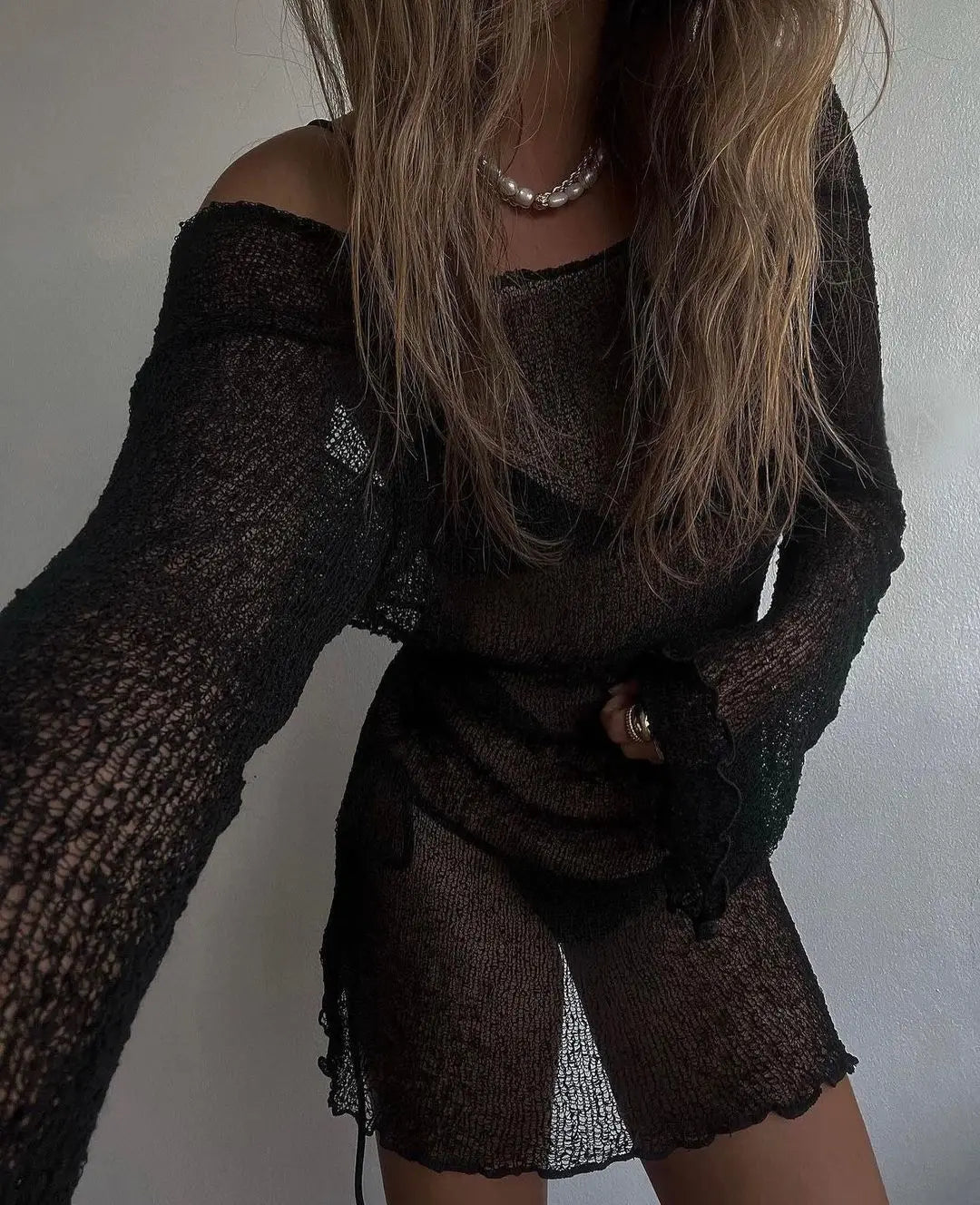 Women Bikini Cover-Ups Solid Color See-Through Long Sleeve Backless Beach Knitted Mini Dress Swimwear Sunscreen Blouse