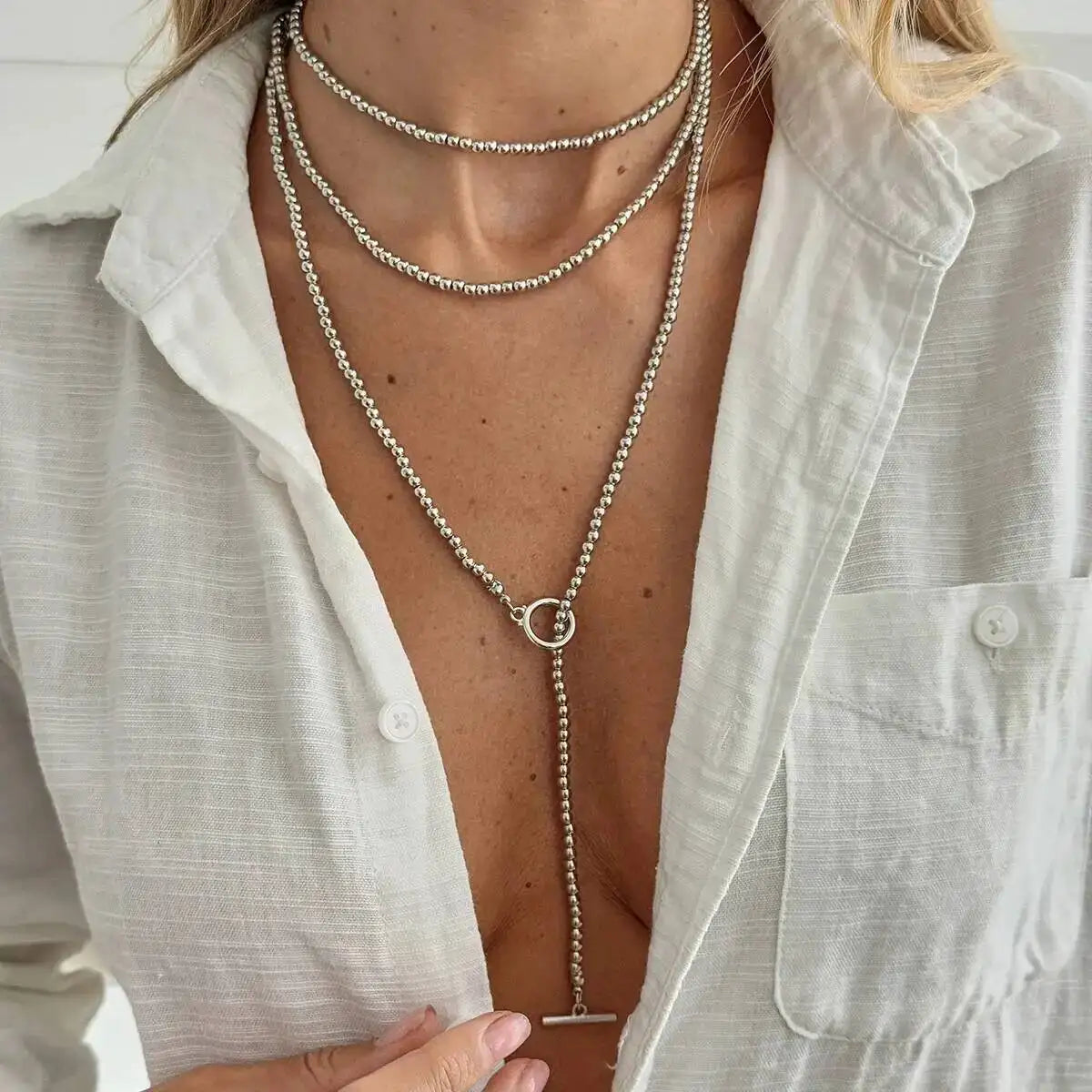 Adjustable Long Chain Necklace for Women, Sexy Stackable CCB Beads, OT Buckle, Love Heart Pendant, Choker Sweater Jewelry