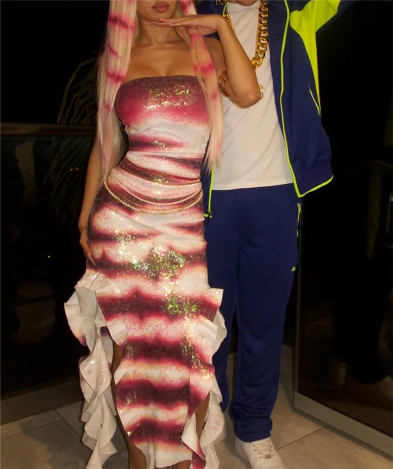 Halloween Shark Tale Costume Dress for Women Anime Sexy Sequin Tassel Hem Fish Strapless Tube Cosplay Maxi Dress