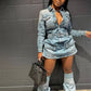 Denim 2Piece Set Women Patchwork Single-Breasted Dress+Zip Metal Trim Leg Sleeve Hottie Trend Street Vintage Outfits