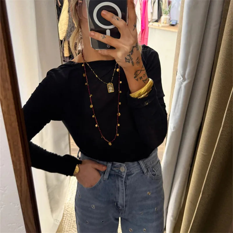 Y2k Aesthetic Low Back Blouse Women Open Back Shirt Long Sleeve Backless Boat Neck Blouse Going Out Workout Outfit