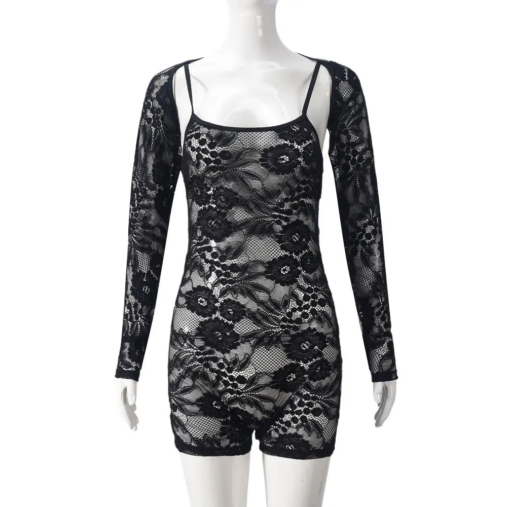Jacquard Lace Black 2 Piece Sets Women Sexy Long Sleeve Shawl+ Spaghetti Strap Playsuits Match Coquette Midnigh Clubwear