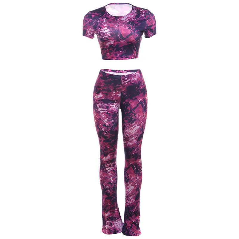 Tie-Dye Print Women 2 Piece Set Tracksuit Body-Shaping Shorts Sleeve Crop Tops+Leggings Casual Sporty Matching Outfit