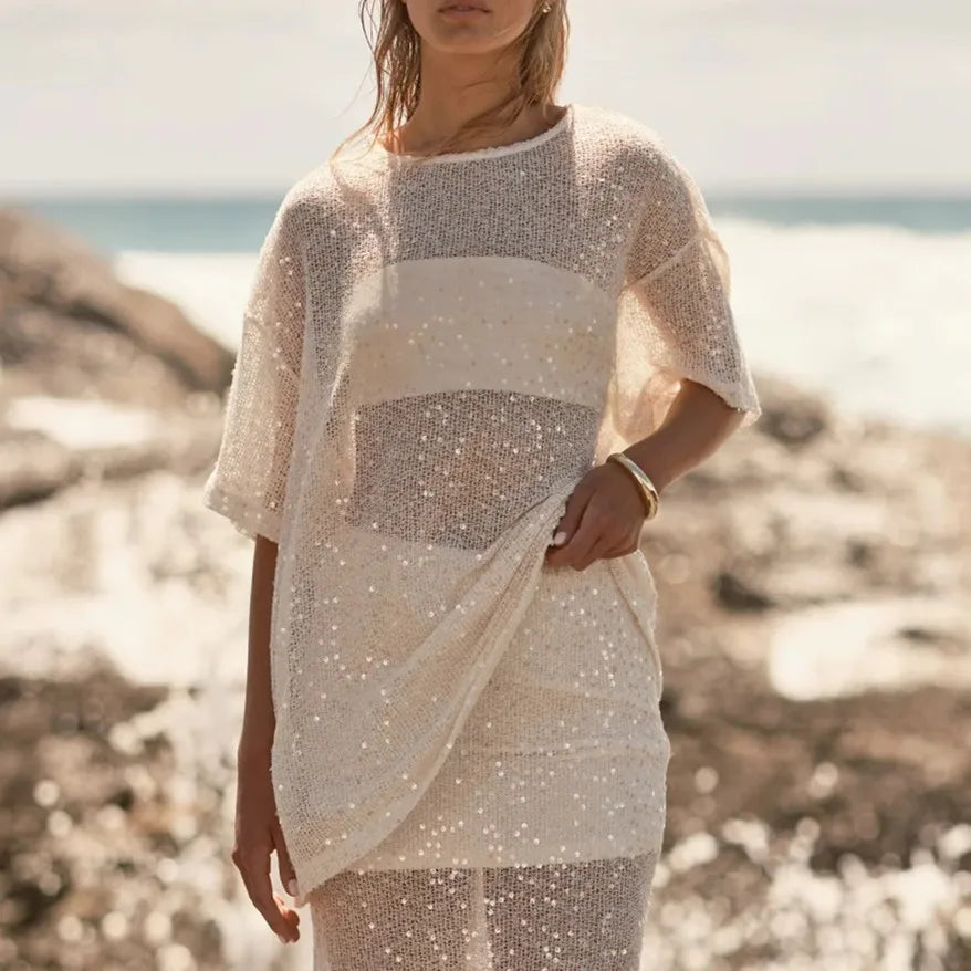 Women's Oversized Sequin Mesh T-Shirt Sheer Knit Half Sleeve Sparkly Blouse Casual Summer Beach Cover Up Top Party Club