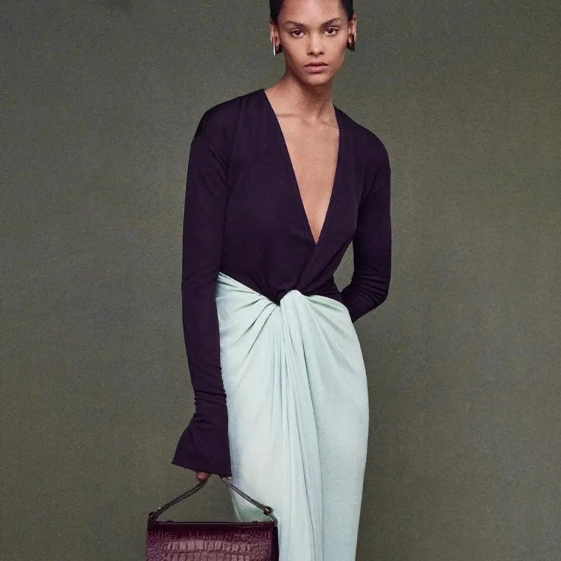 Elegant Deep V Neck Patchwork Spit Maxi Dress Long Sleeve Party Dresses Fashion Clothing Woman
