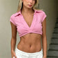 Ribbed Lapel V Neck Cap Sleeve Crop Top Women Slim Low Cut Ultra Cropped Blouse Y2K Summer Casual Going Out Short Shirt