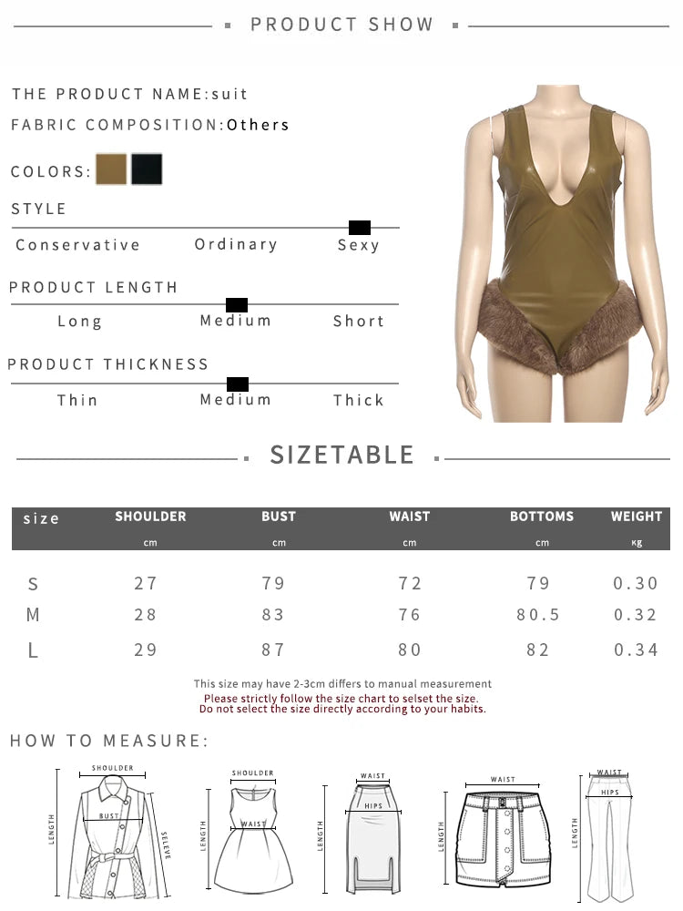 Faux Leather Backless Furry Patchwork Hem Bodysuits Woman Skinny Low-Neck Sleeveless Hot Girls High Street Style Outfits