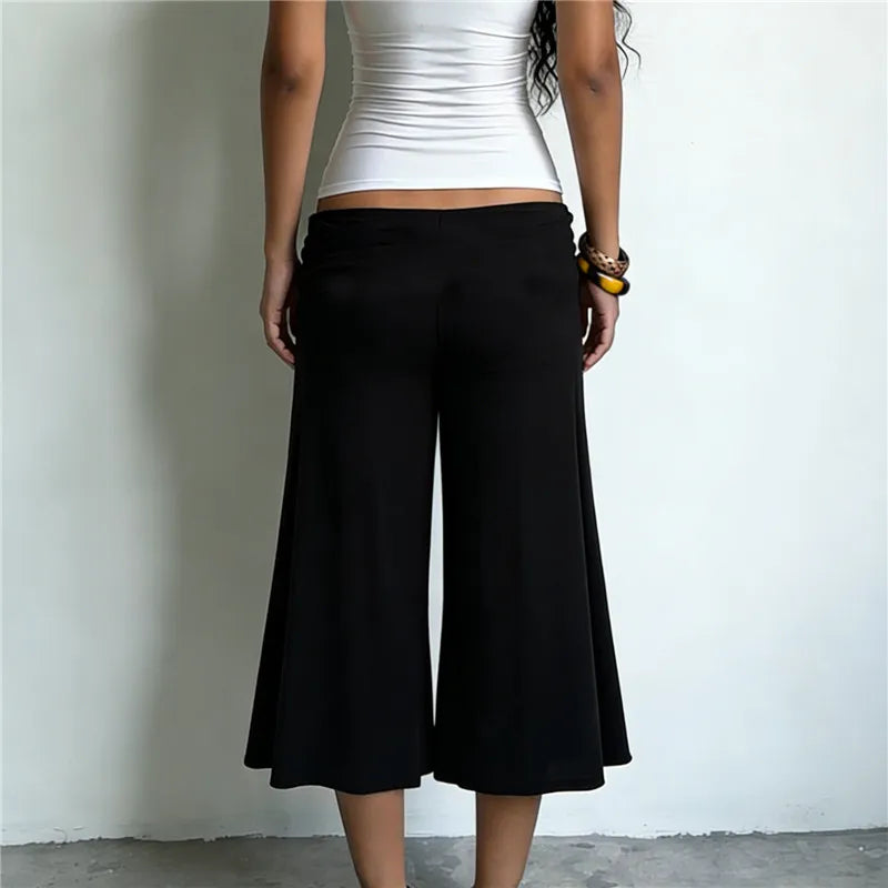 Women Metal Ring Ruched Waist Culottes Low Waist Wide Leg Cropped Pants Solid Color Flared Trousers Casual Streetwear