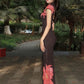 Short Sleeve Skinny Button Flower Print Women Stand-Up Collar Elegant Chinese Style Summer Trend Daily Classic Vestidos