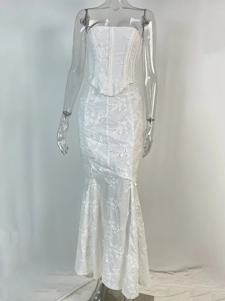 Strapless Sexy Two Piece Set Women White Off-shoulder Lace-up Crop Tops And Maxi Skirt Matching Sets Female Dress Set