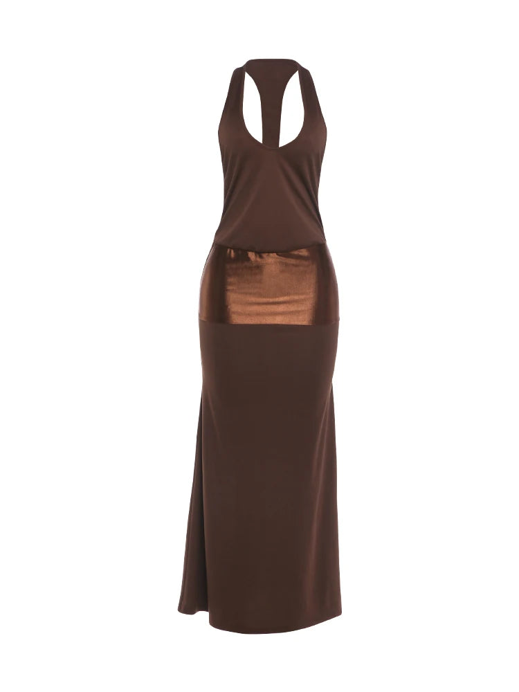 Silky Stain Patchwork Gown Dress Woman Summer Trend Low-Neck Backless Sleeveless Evening Party Elegant Long Bodycon