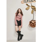Women's Asymmetrical Ribbed Knit Top with Letter Embroidery, Flare Long Sleeve Pink Tee for Everyday Casual