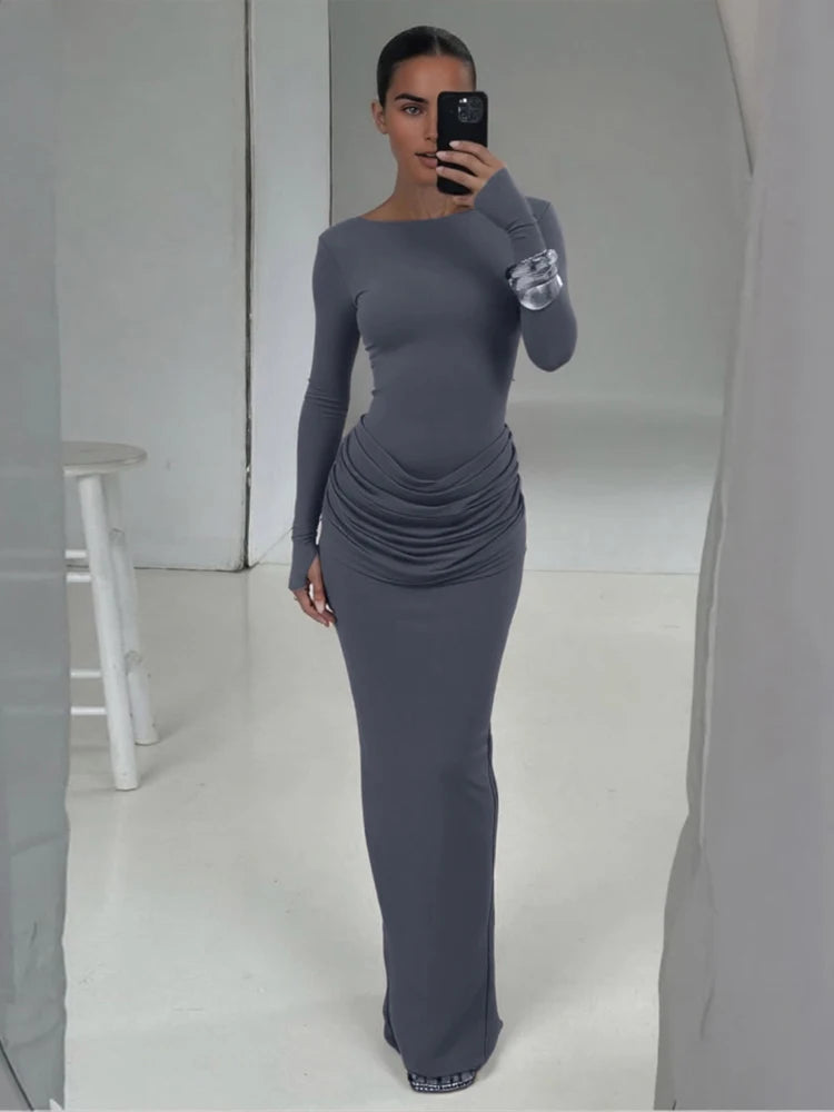 Casual Ruched Elegant Long Dresses Woman Autumn Style Classic o-Neck Full Sleeve Skinny High Waist Robe Basic Vestidos
