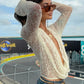 Lace Two Piece Set Women See Through Long Sleeve T-shirt And Shorts Matching Sets Female Elegant Shorts Two Piece Set