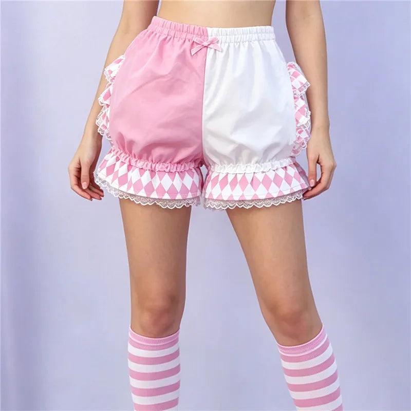 Lolita Women Bloomers Shorts Color Block Patchwork Ruffle Lace Elastic Waist Pumpkin Pantalettes Sweet Cosplay Bottoms