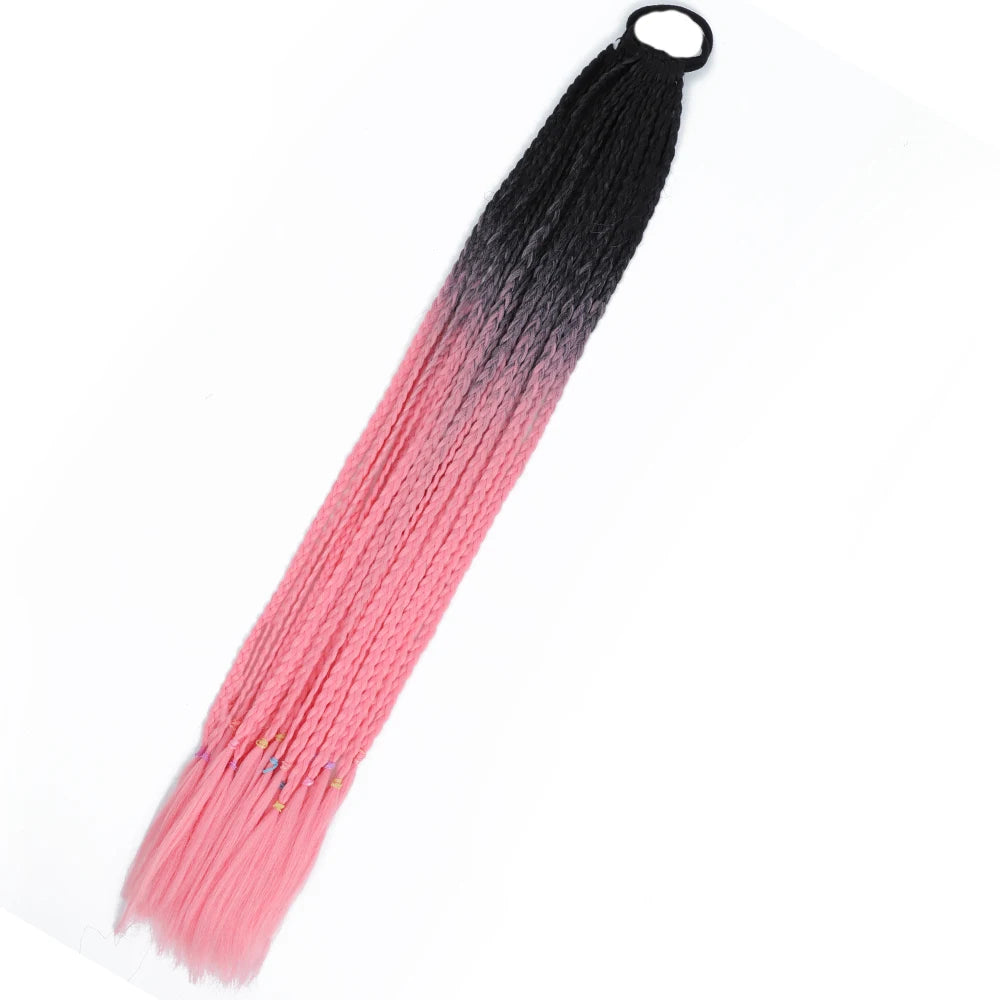Synthetic 24inch Girls Colored Box Braided Ponytail With Elastic Rubber Band Hair Extensions Rainbow Color Box Pigtail Hairpiece