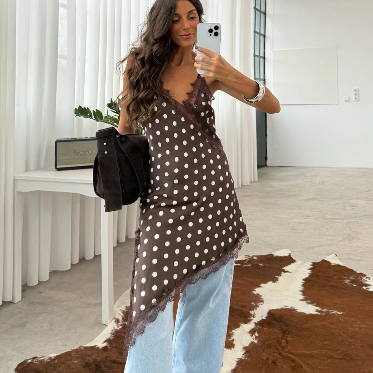 Sleeveless Asymmetric Hem Lace Trim Polka Dots Print Short Dress Women's V Neck Mini Cami Dress Summer Vacation Sundress