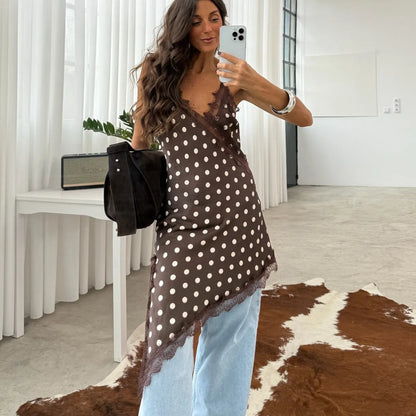 Sleeveless Asymmetric Hem Lace Trim Polka Dots Print Short Dress Women's V Neck Mini Cami Dress Summer Vacation Sundress