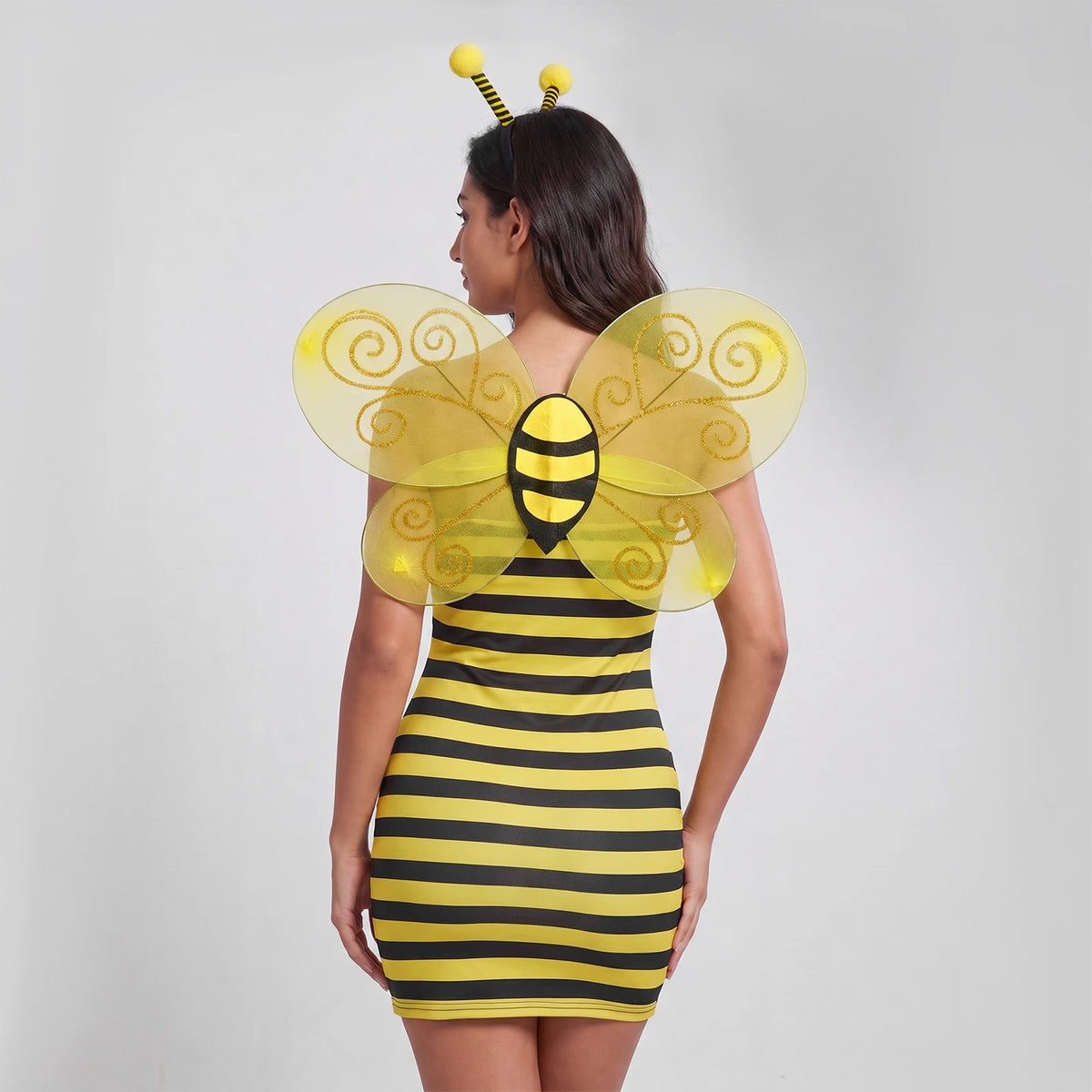 Women Bumble Bee Costume Spaghetti Strap Striped Mini Dress With Bee Wings Antenna Headband Cosplay Outfit