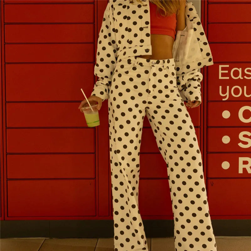 Vintage American Polka Dot High Waisted Wide Leg Jeans for Women Retro Straight Leg Denim Pants Casual Streetwear
