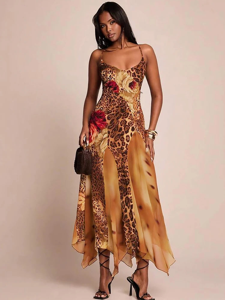 Patchwork Colorful Leopard Print Dress Women Fashion Hottie Irregular Hem Low-Neck Trend Wild Vacation Party Clubwear