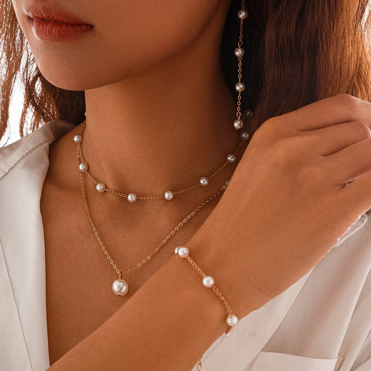 Elegant Imitation Pearl Chain Necklace Bracelet Drop Earrings for Women Wed Bridal Jewelry Set Party Accessories Gift