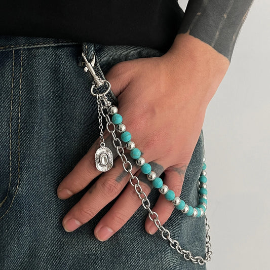 Y2K Trendy Blue Stone Bead Jeans Pants Chain For Men Women Hip Hop Punk Double Layer Keychains Bag Accesories Jewelry