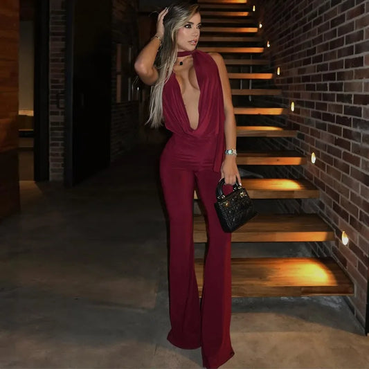 Deep V Neck Backless Flared Jumpsuit Fall Fashion Woman One Piece Black Jumpsuits Sexy Club Outfits