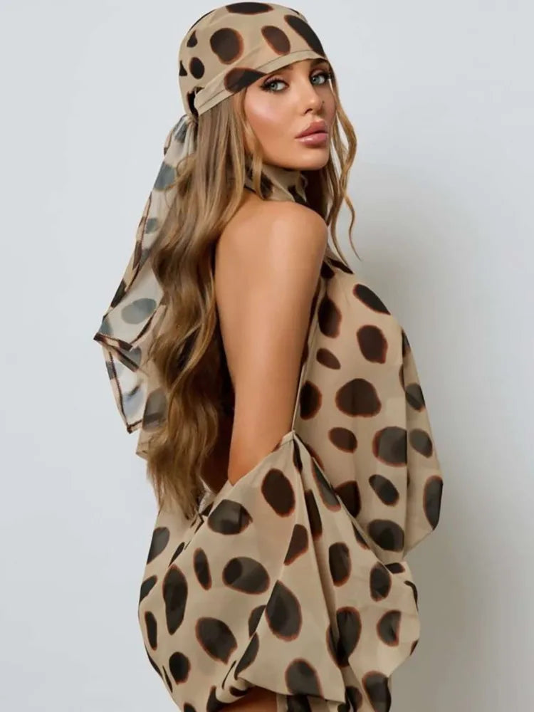 Women Halter Off Shoulder Sexy Bodysuit 2 Piece Outfit Leopard Print Sheer Blouse Shorts Set Clubwear Matching Sets