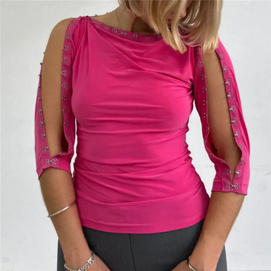 Women Retro Y2K Off Shoulder 3/4 Sleeve Top Asymmetric Neckline with Eyelet Details Fitted Casual Blouse Trendy Outfits