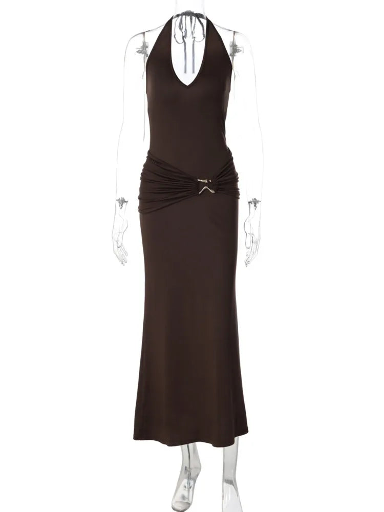 Women Halter Maxi Dress Deep V Neck Sleeveless Bodycon Long Dress Waist Metal Buckle Ruched Party Evening Club Dress