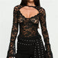 Y2K Gothic Women Sheer Lace Top Hollow Out Cutout Chest Long Flare Sleeve Scallop Trim Slim Fit See Through Mesh Blouse