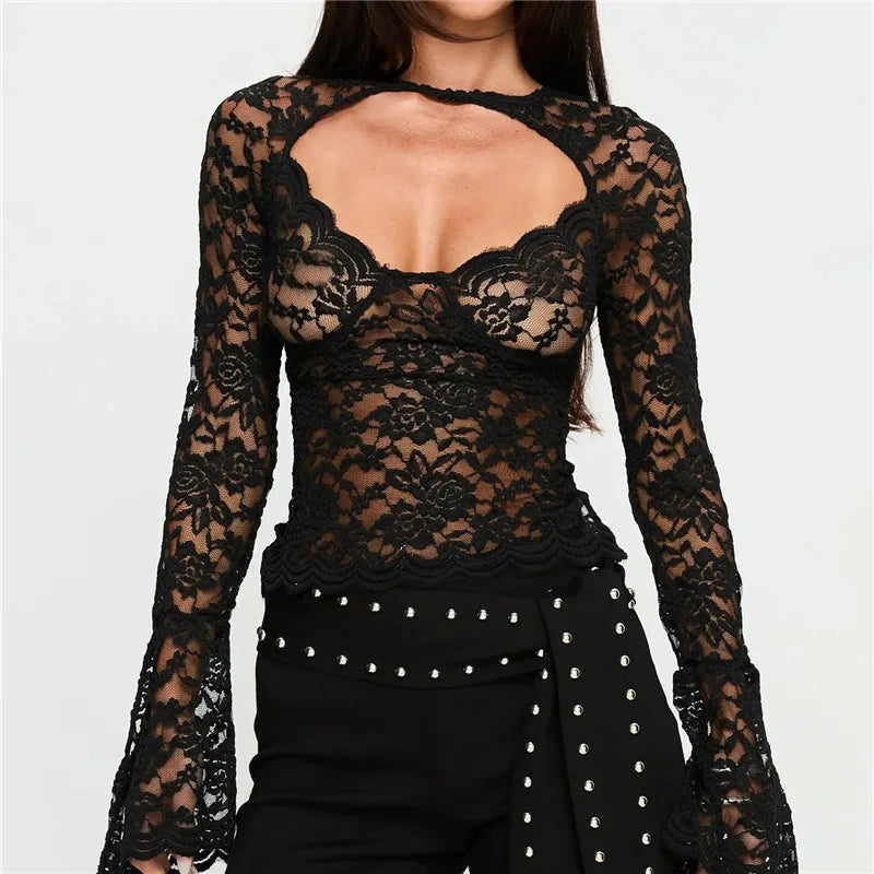 Y2K Gothic Women Sheer Lace Top Hollow Out Cutout Chest Long Flare Sleeve Scallop Trim Slim Fit See Through Mesh Blouse