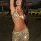 Glitter Sequin Pants Set Women Summer Fashion Bikini Tops And Trouser Matching Sets Female Beach Club Party Pants Set