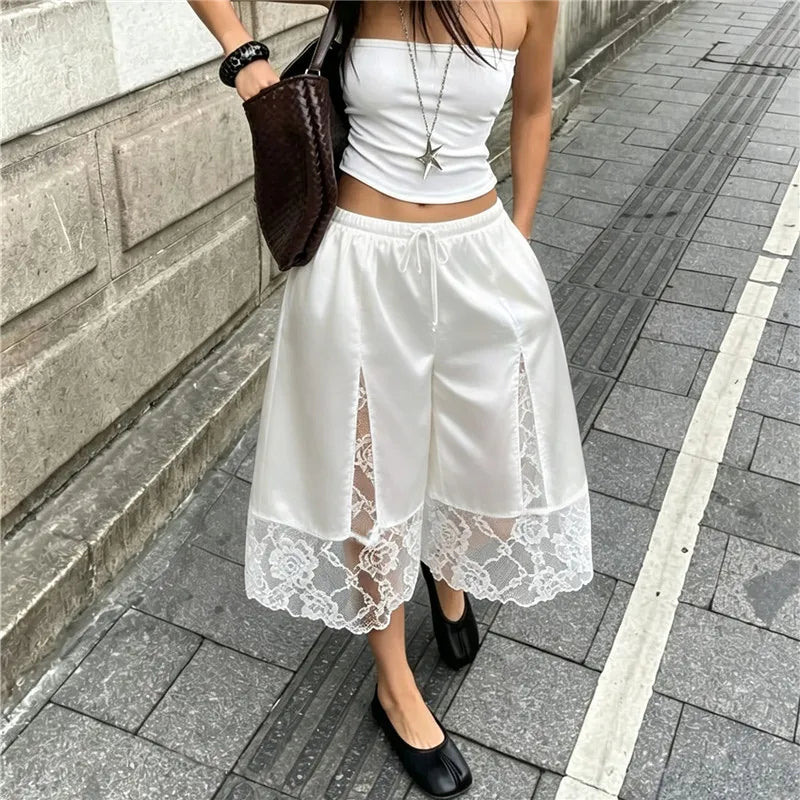Womens Y2K Satin Lace Patchwork Capri Shorts Drawstring Waist Side Slit Floral Lace Hem Loose Mid Calf Casual Bottoms