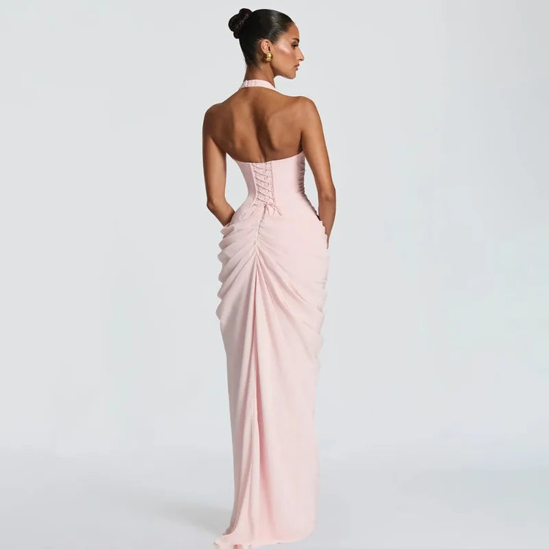 Halterneck Ruched Maxi Dress with High Slit Sexy Party Dresses Woman Elegant Luxury Evening Gowns