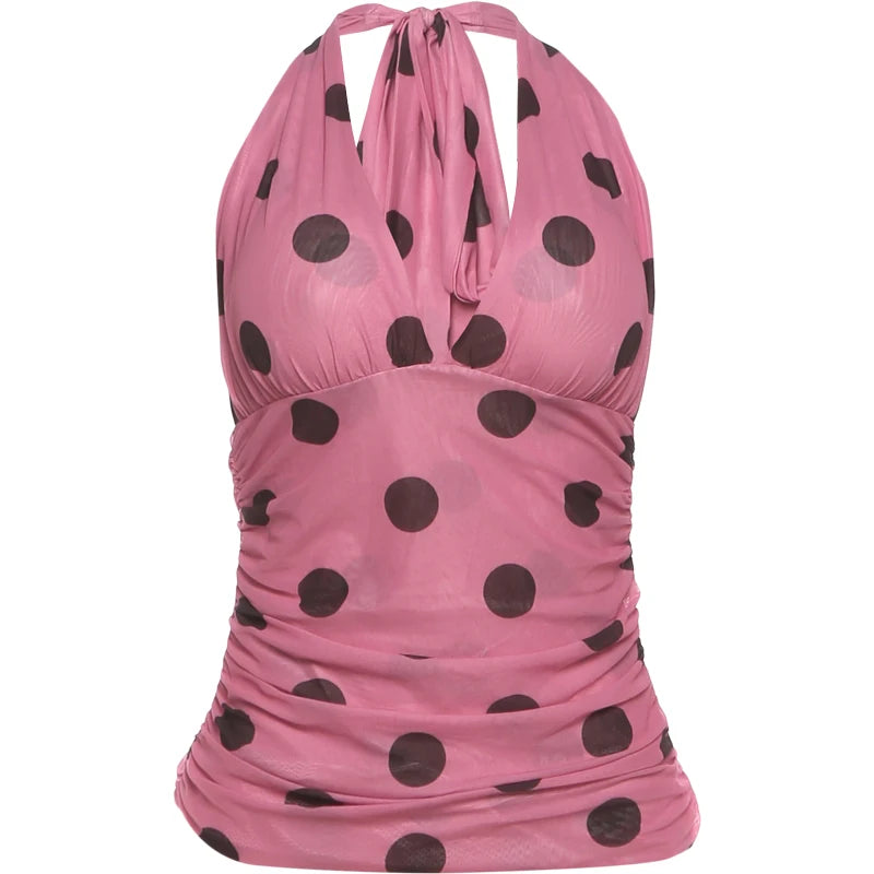 Polka Dot Print Vests Women Backless Halter Bandage Folds Sexy Midnight Hottie Music Festival Party Classic Streetwear