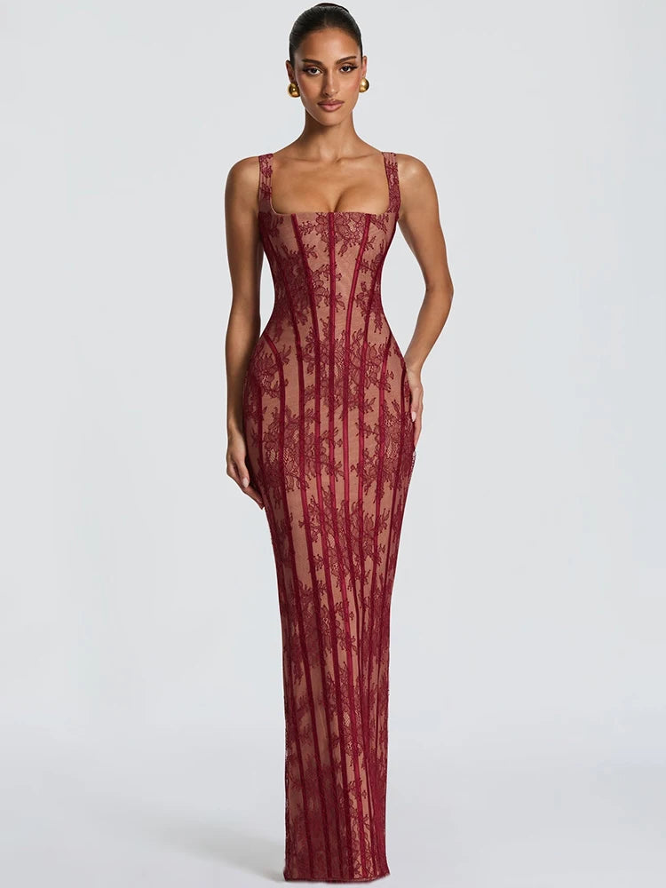 Square Neck Spaghetti Strap Sexy Maxi Dress Women Lace Mesh Striped Bodycon Elegant Wedding Guest Evening Party Dresses