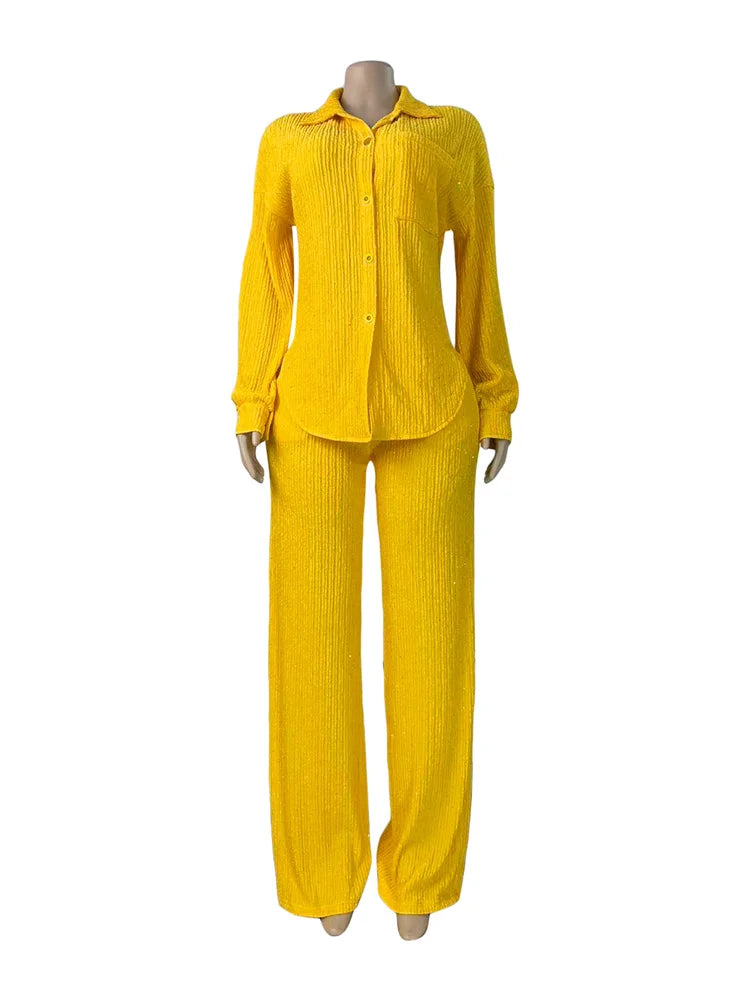 Rhinestone Decoration 2-Piece Set Women Single-Breasted Lapel Full Sleeve Shirt+Elastic Waist Pant Leisure Suits
