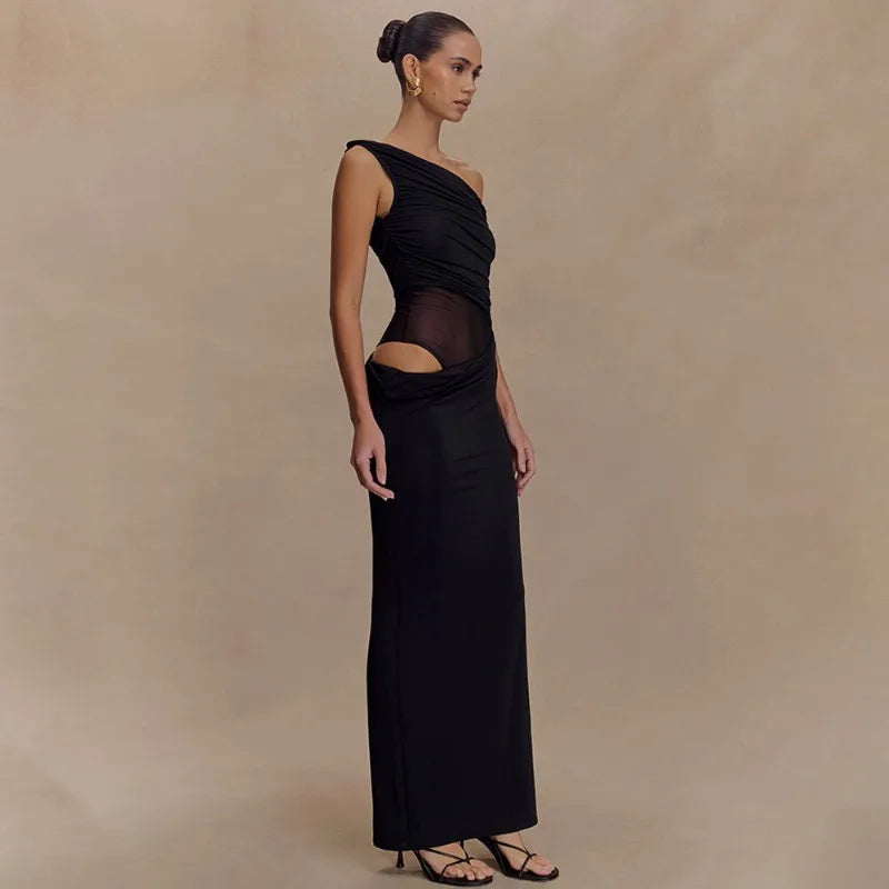 Mesh Spliced Cutout One Shoulder Split Long Dresses Green Black Elegant Party Dress Woman Clothing