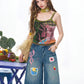 Women's Cropped Cami Top with Patchwork Tropical Leaf Print, Contrast Trim Slim Fit Spaghetti Strap Vest for Summer