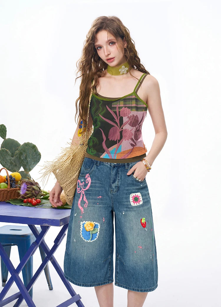 Women's Cropped Cami Top with Patchwork Tropical Leaf Print, Contrast Trim Slim Fit Spaghetti Strap Vest for Summer