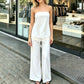 Women's 2 Pieces Summer Outfit Solid Color Strapless Sleeveless Lace Trim Patchwork Tube Tops and Wide Leg Pants Set